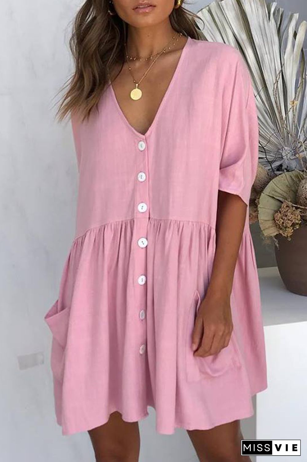 Casual Solid Pocket Buckle V Neck A Line Dresses