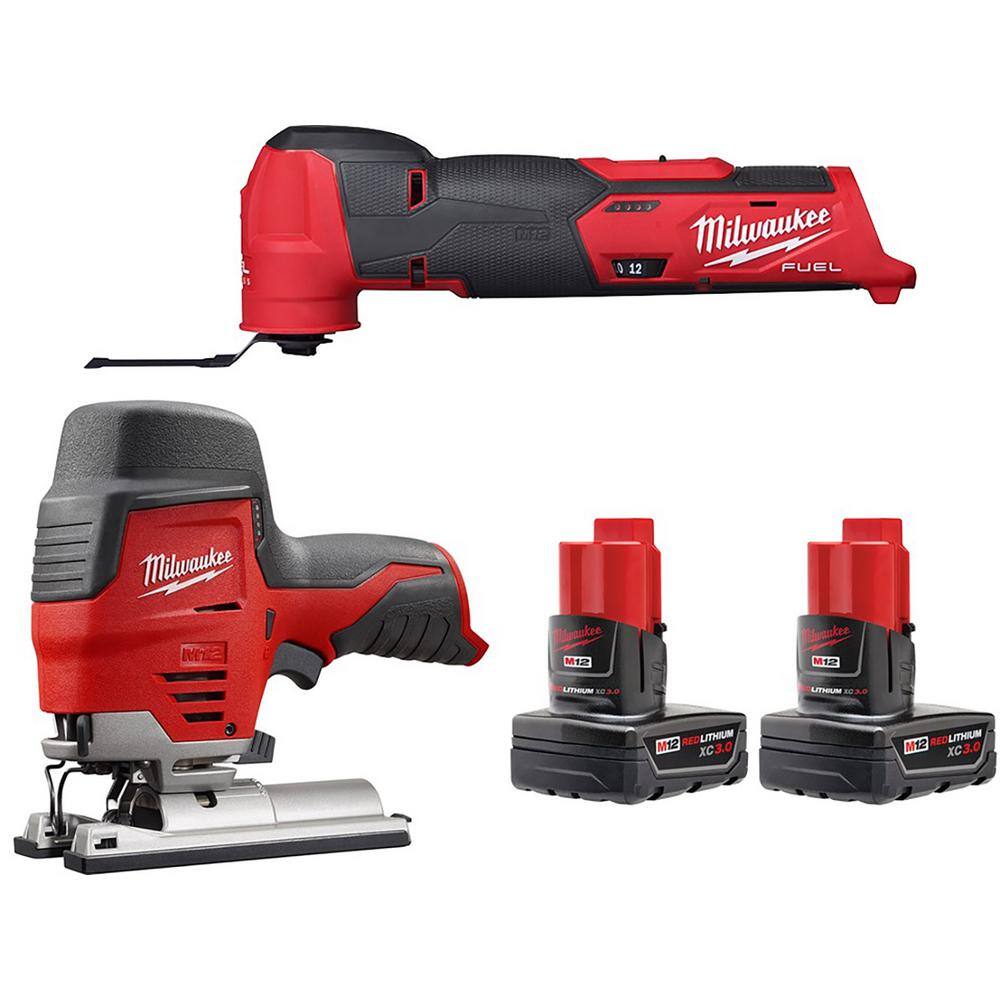 MW M12 FUEL 12V Lithium-Ion Cordless Oscillating Multi-Tool and Jig Saw with two 3.0 Ah Batteries 2526-20-2445-20-48-11-2412