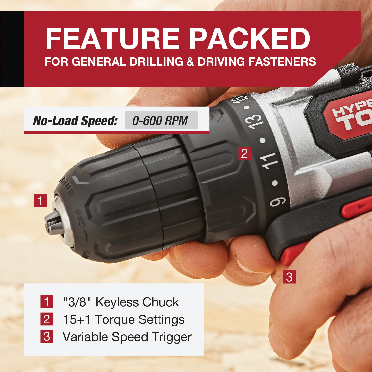 Hyper Tough 20V Max Lithium-Ion Cordless Drill， Variable Speed with 1.5Ah Lithium-ion Battery and Charger