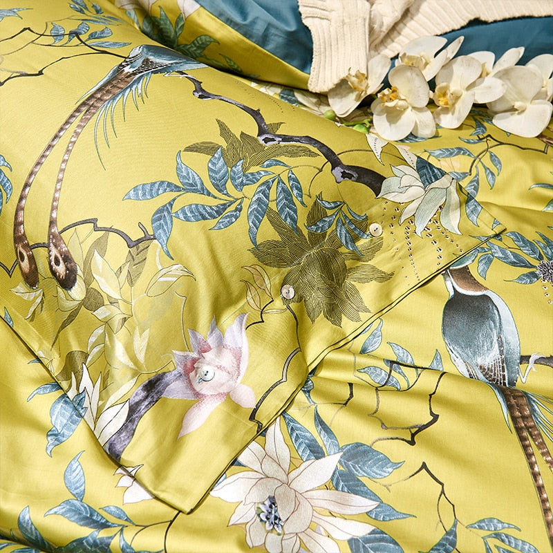 Silk Egyptian Cotton Birds Plant Duvet Cover Bedding Set Fitted sheet style