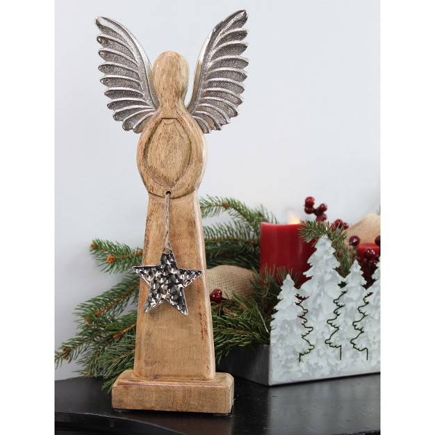 Auldhome Design Wooden Angel Christmas Statue Farmhouse Holiday Decor Wood And Metal Figurine