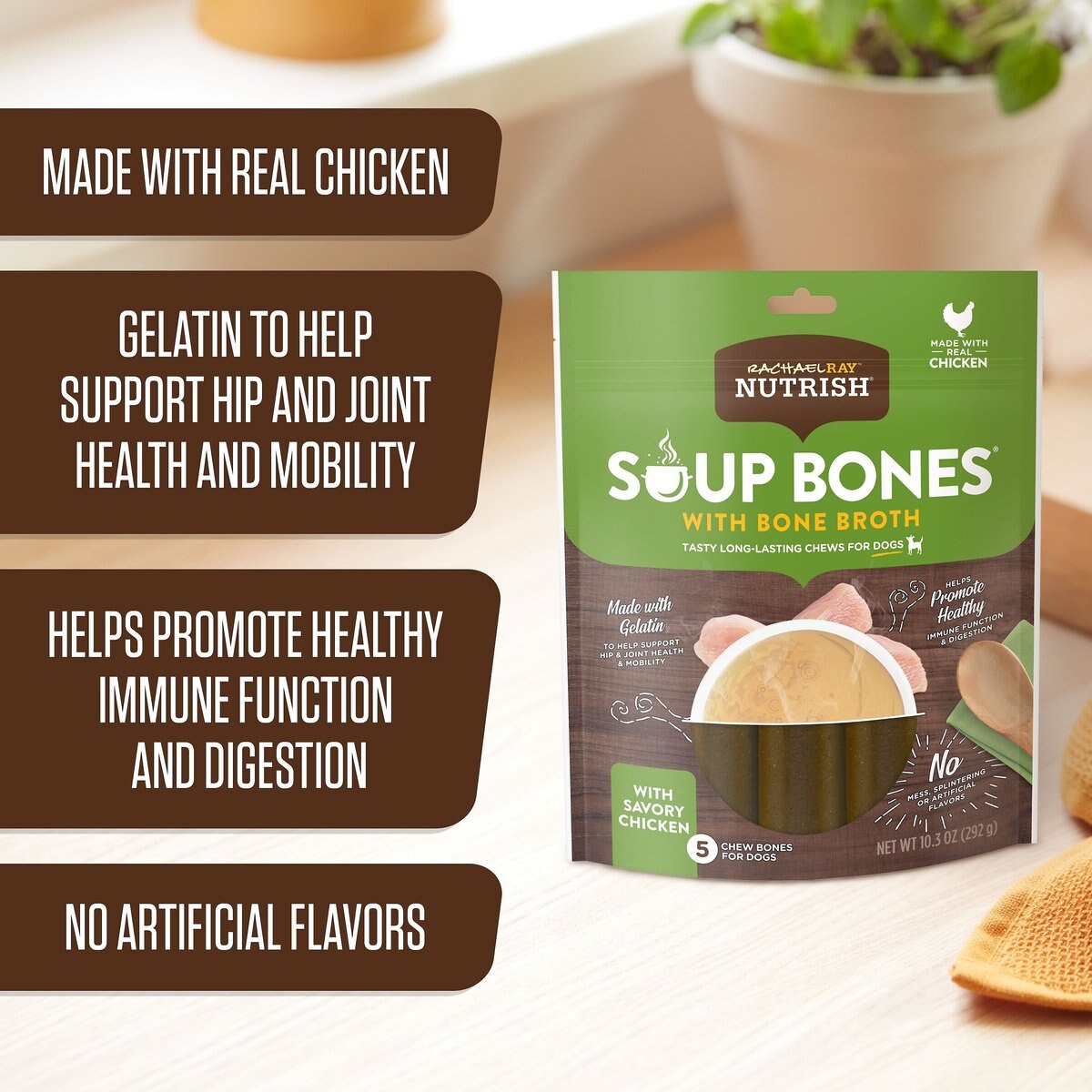 Rachael Ray Nutrish Soup Bones with Bone Broth Savory Chicken Chew Bones Dog Treats， 5 count