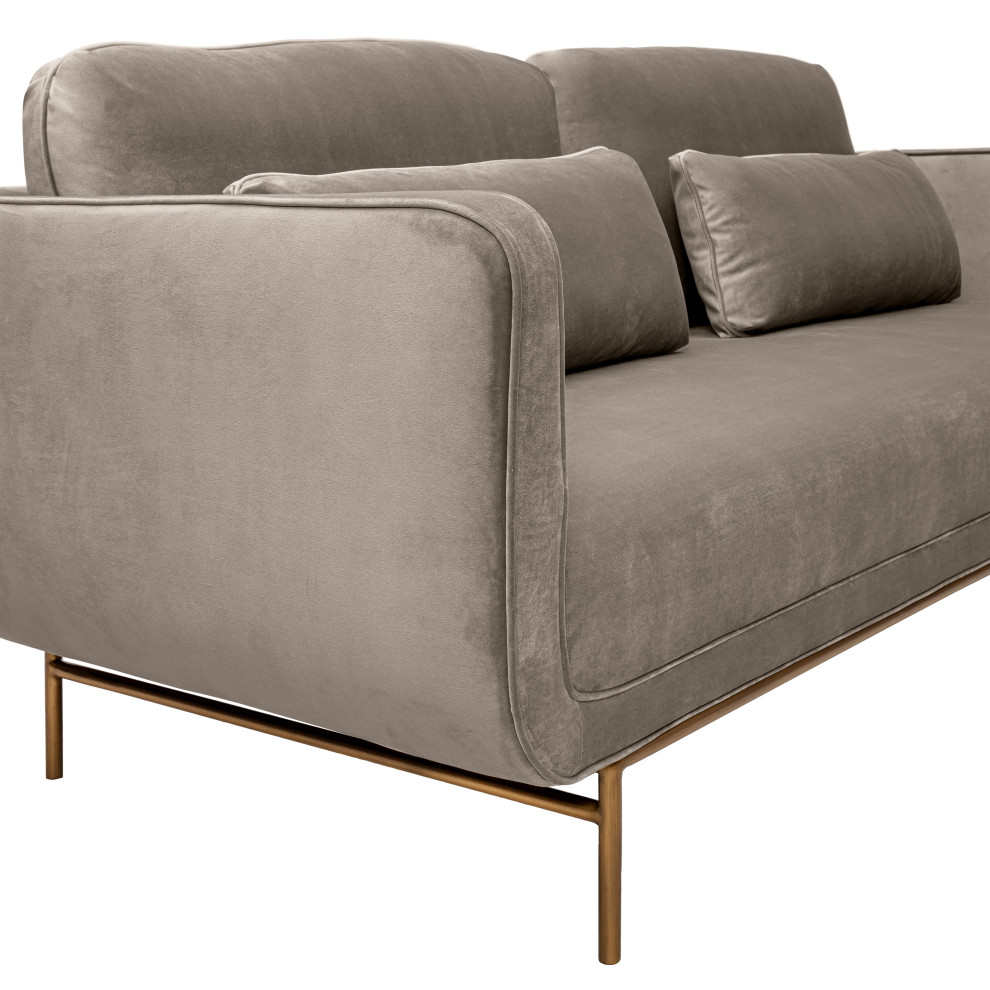 Lilou 77 quotFossil Gray Velvet Sofa with Antique Brass Metal Legs   Modern   Sofas   by Armen Living  Houzz