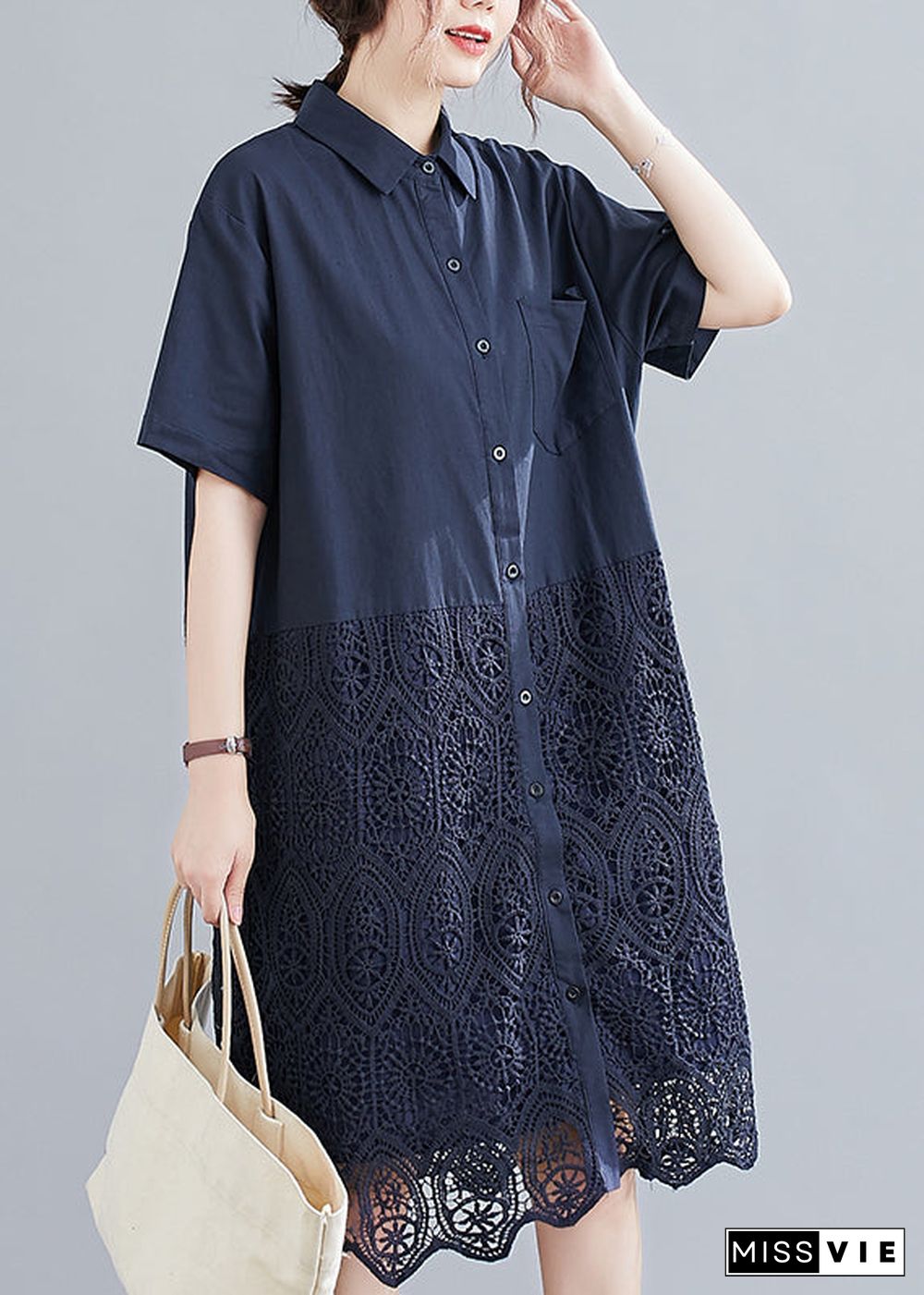 Fashion Navy Peter Pan Collar Button Lace Patchwork Hollow Out Shirt Dress Short Sleeve