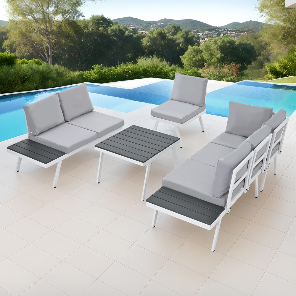 5 Piece Aluminum Outdoor Patio Furniture Set  Modern Garden Sectional Sofa Set with End Coffee Table  for Backyard  Grey