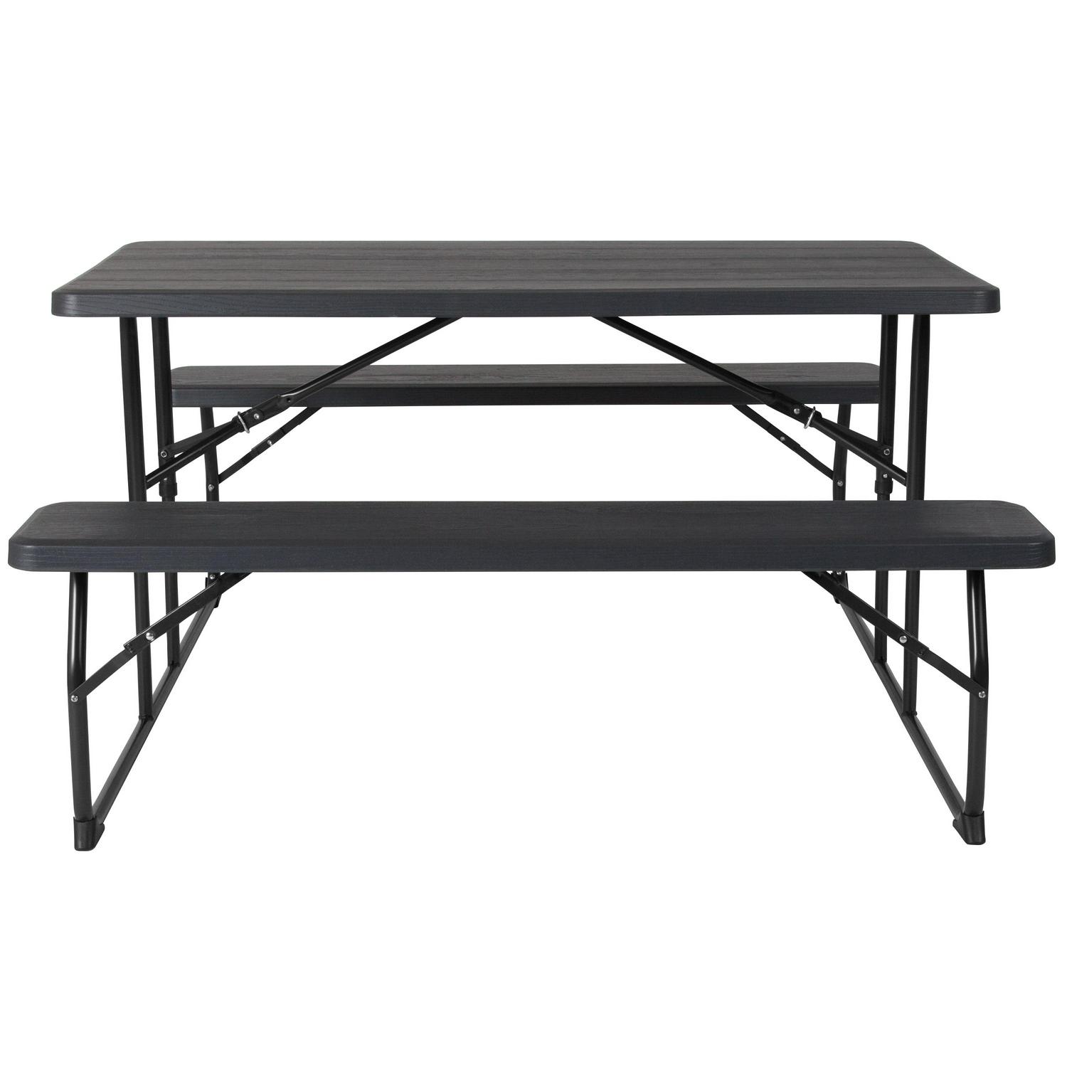 Flash Furniture Insta-Fold Charcoal Wood Grain Folding Picnic Table and Benches  4.5 Foot Folding Table