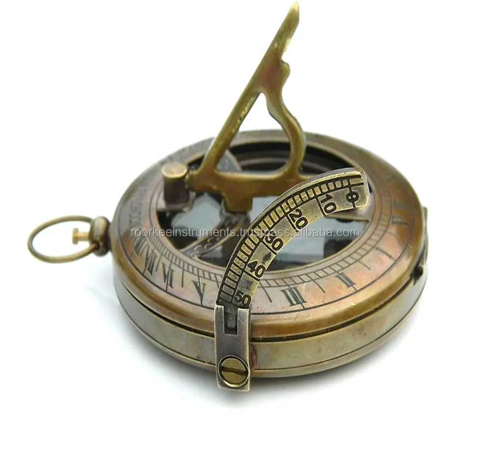 Antique Nautical Vintage Directional Magnetic Sundial Clock Pocket Brass Sundial Compass With Handmade Leather Case