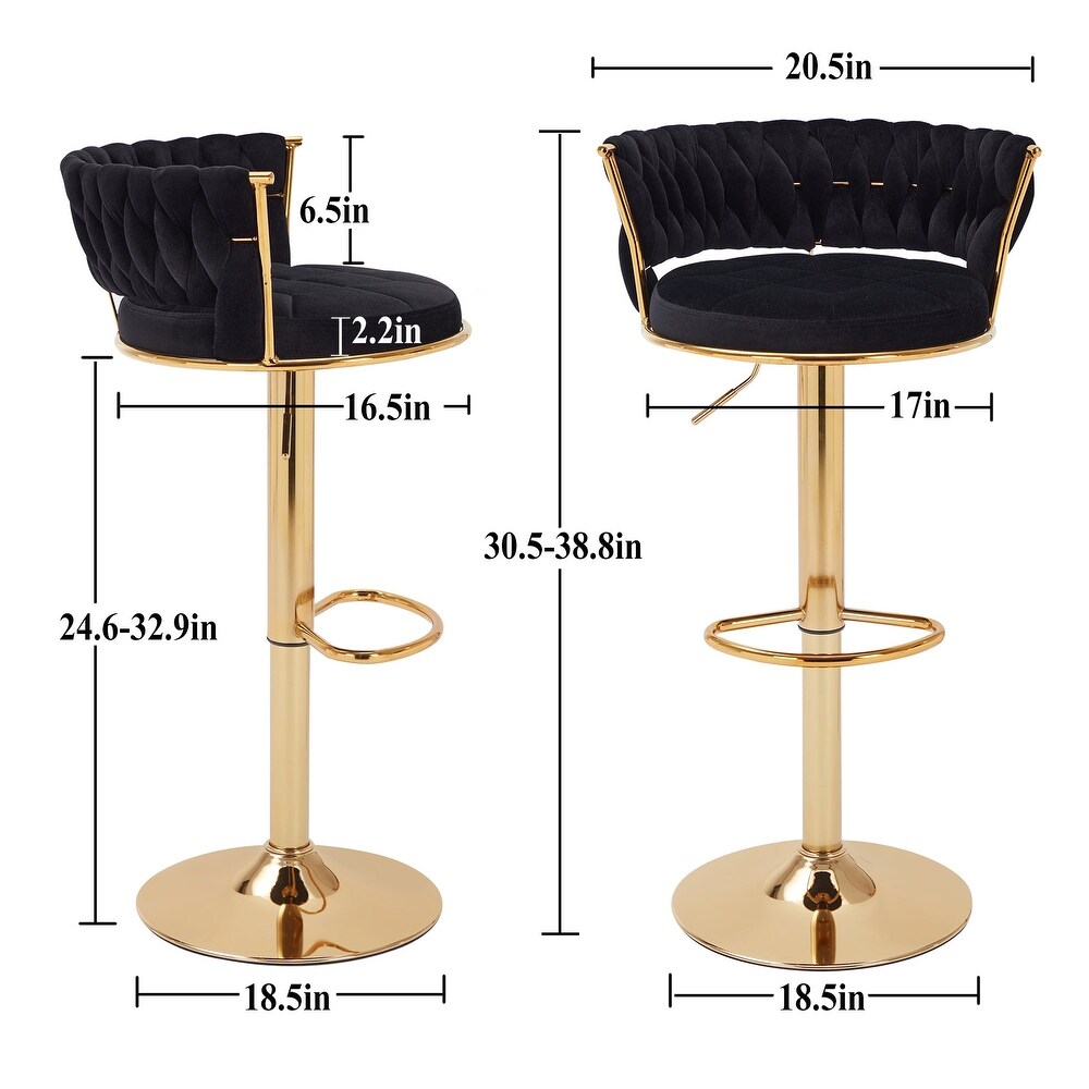 Javlergo Velvet Bar Stools Set of 2  360° Swivel Adjustable Height Barstool with Woven Back   Footrest