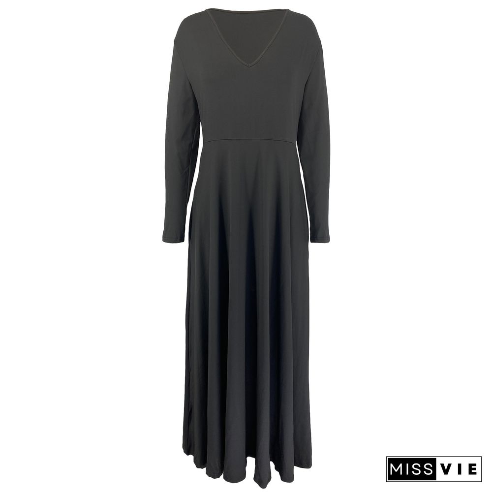 V Neck Long Sleeve Big Hem Plus Size Dress