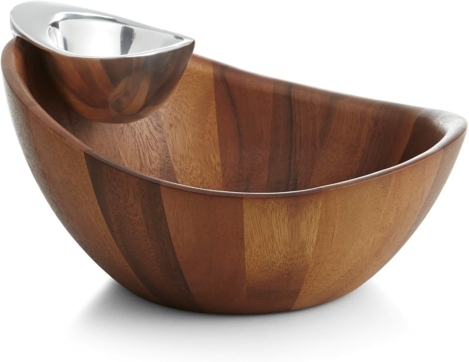 Nambe Harmony Chip and Dip Serving Bowl， Acacia Wood and Alloy Metal， 12