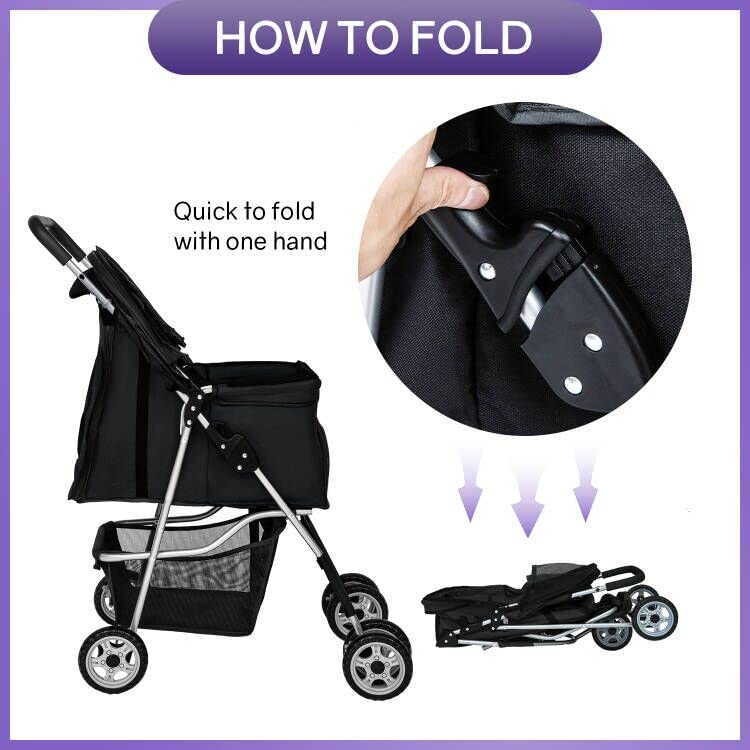 BestPet Pet Stroller Dog Cat Stroller Folding Lightweight Travel Stroller with Cup Holder (Black， 4 Wheels)