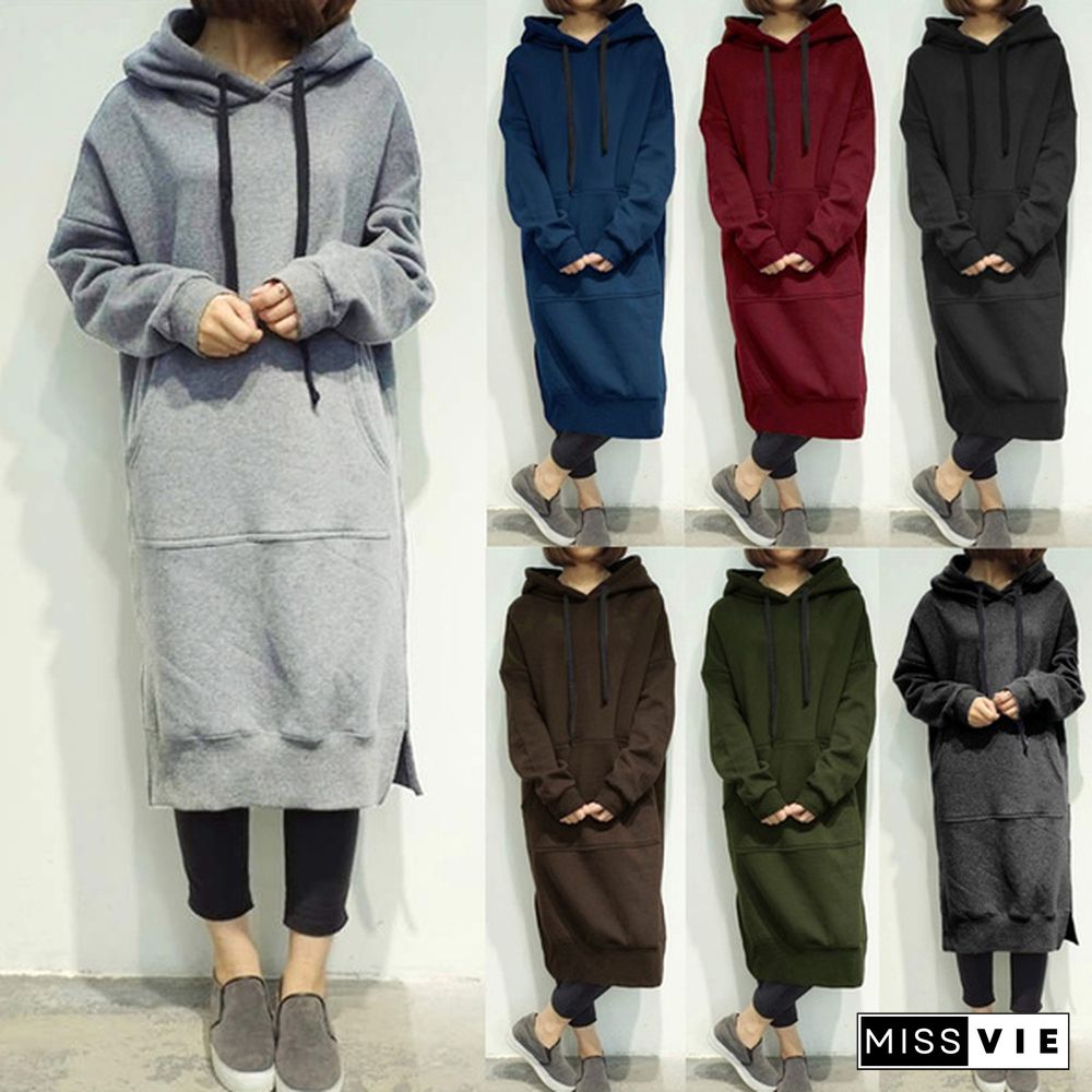 Ladies Hooded Loose Fleece Lined Casual Plus Long Dress Long Hoodies Tops