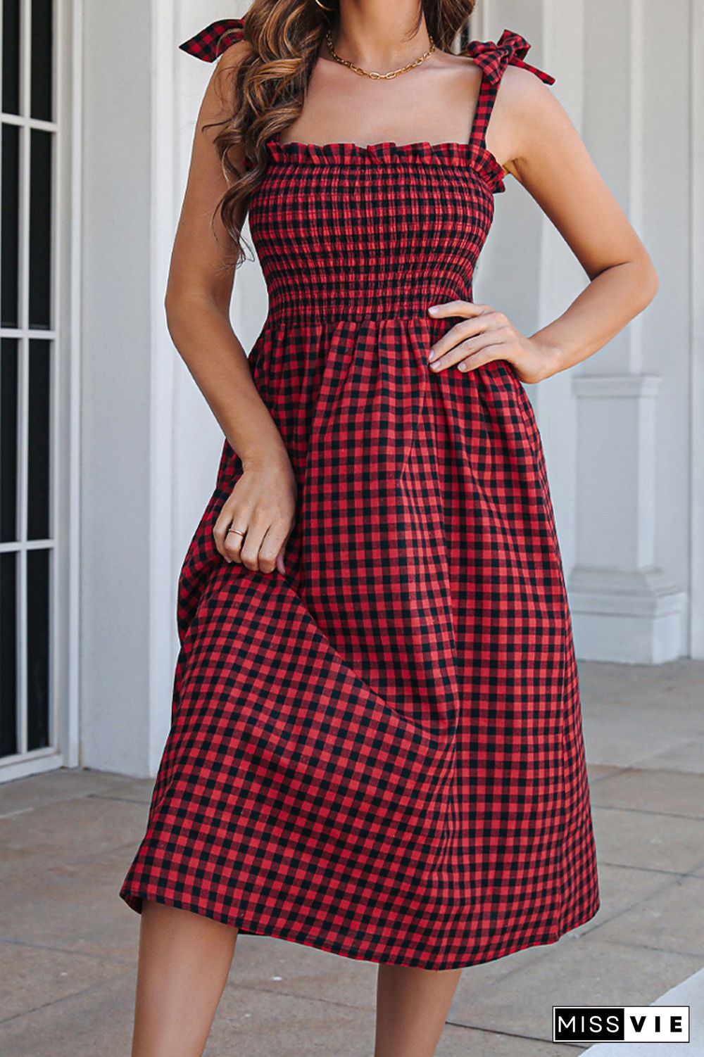 Plaid Print Sleeveless Midi Dress Wholesale