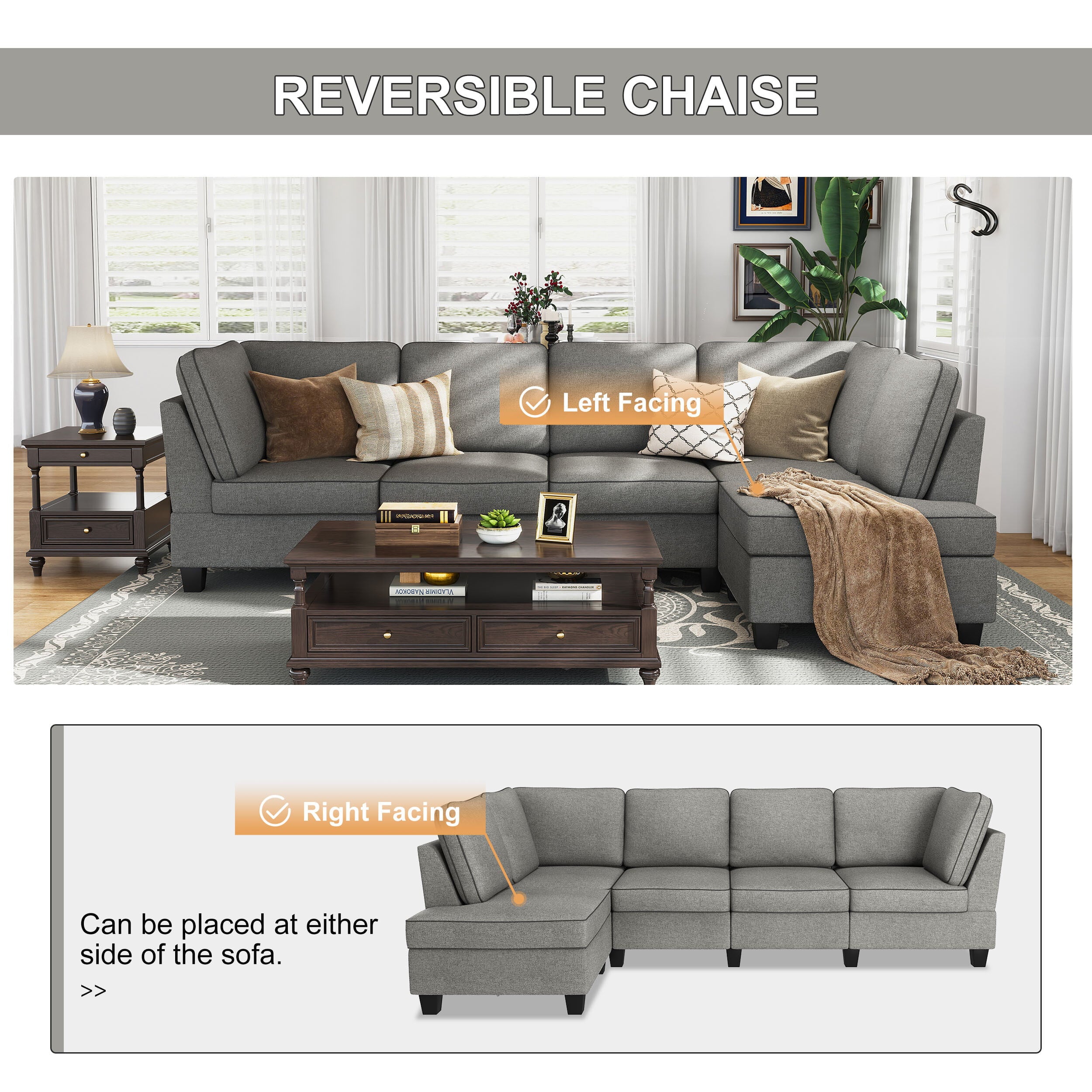 HONBAY L Shaped Sofa Sectional Couch Corner Sofa Couch with Adjustable Chaise for Living Room, Light Grey