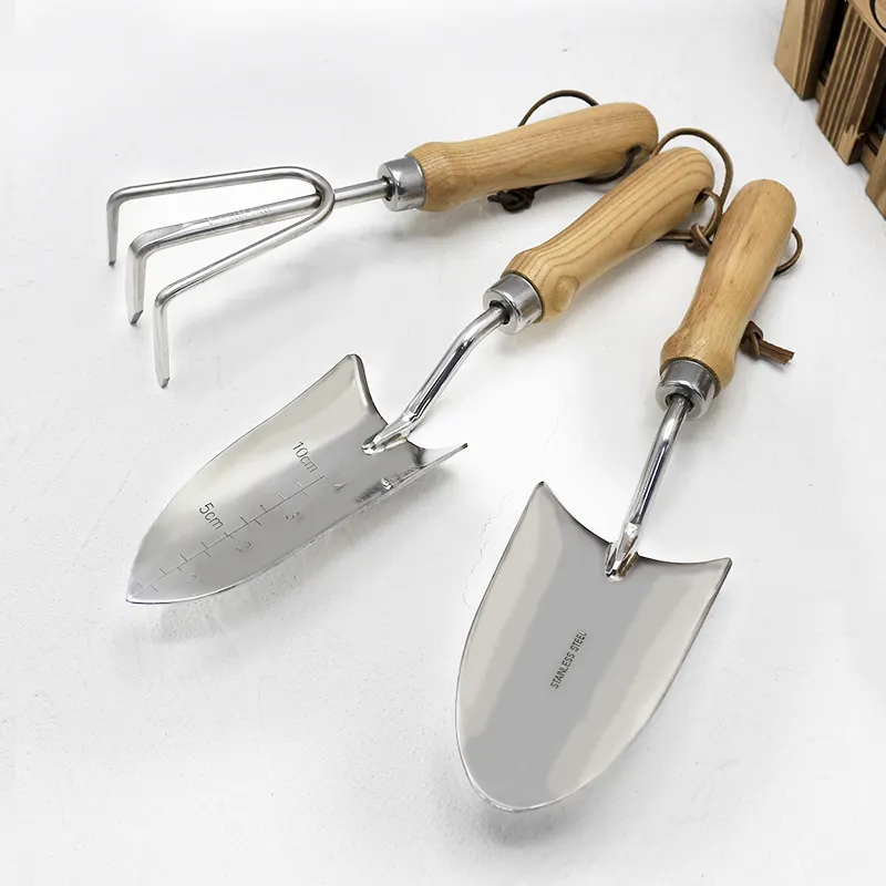 New Design Stainless Steel Rake Shovel Transplanter 3PCS Wood Handle Garden 3PCS Tool Set