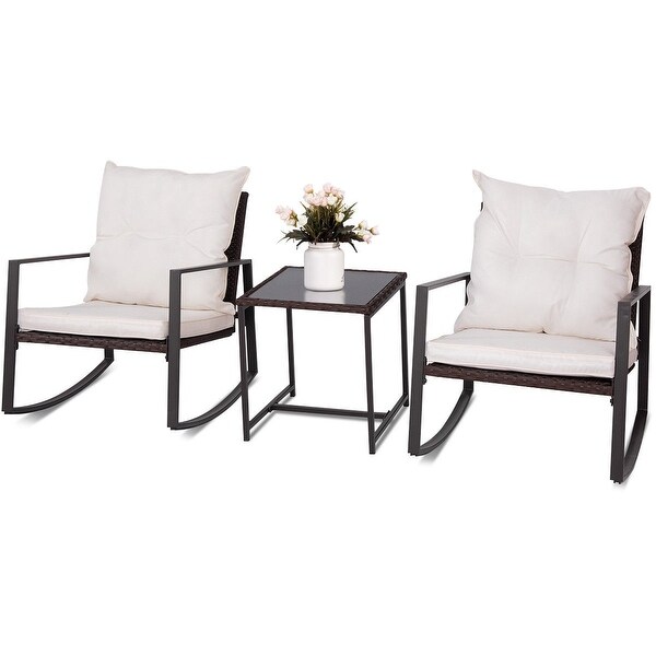 3 PCS Patio Rocking Wicker Bistro Set Outdoor Rattan Wicker Set w/ cushion