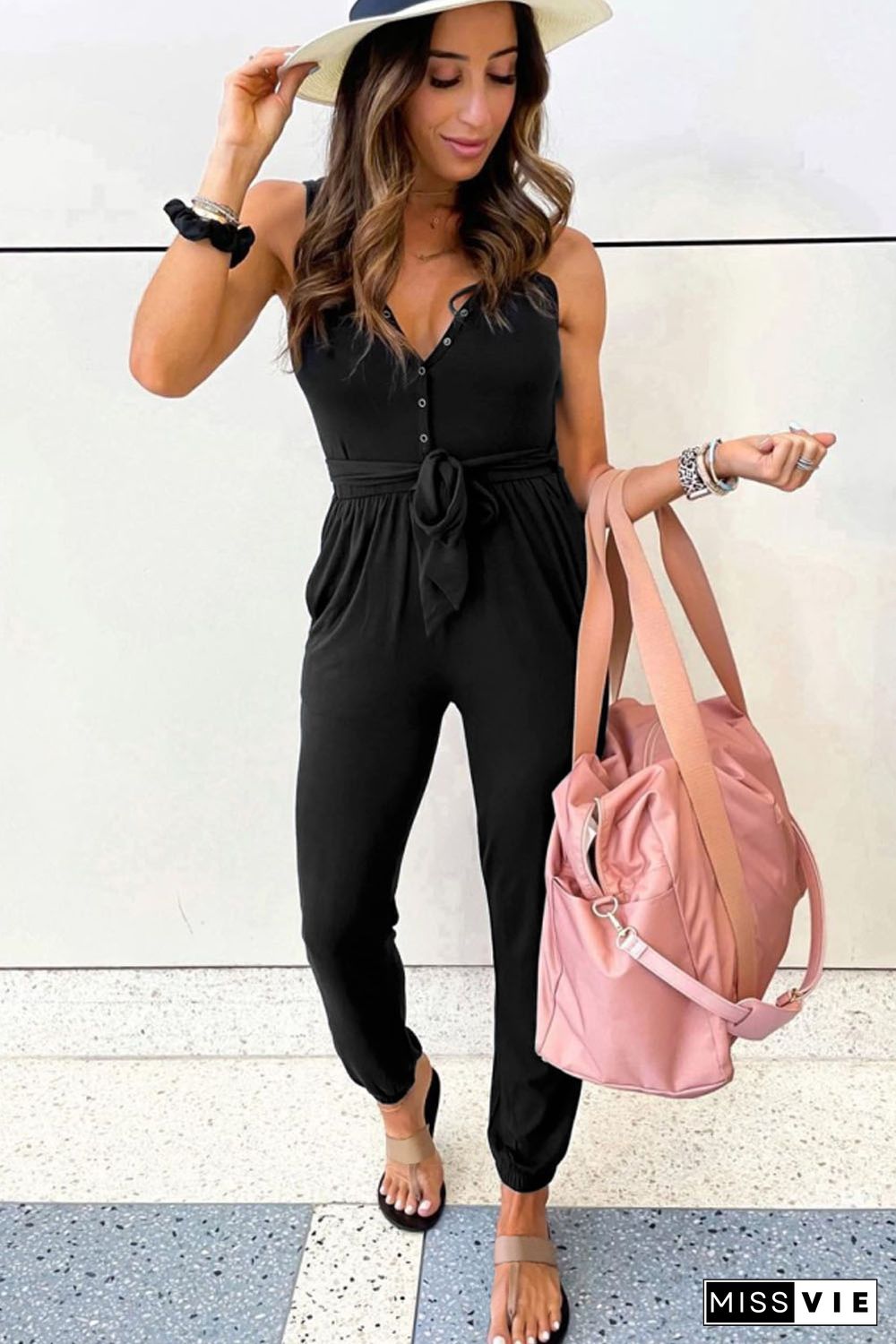 Black Buttons V Neck Slim-fit Lace-up High Waist Jumpsuit