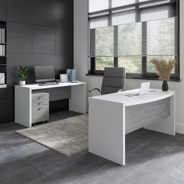 Office by kathy ireland Echo Bow Front Desk and Credenza with Mobile File Cabinet in Pure White and Modern Gray