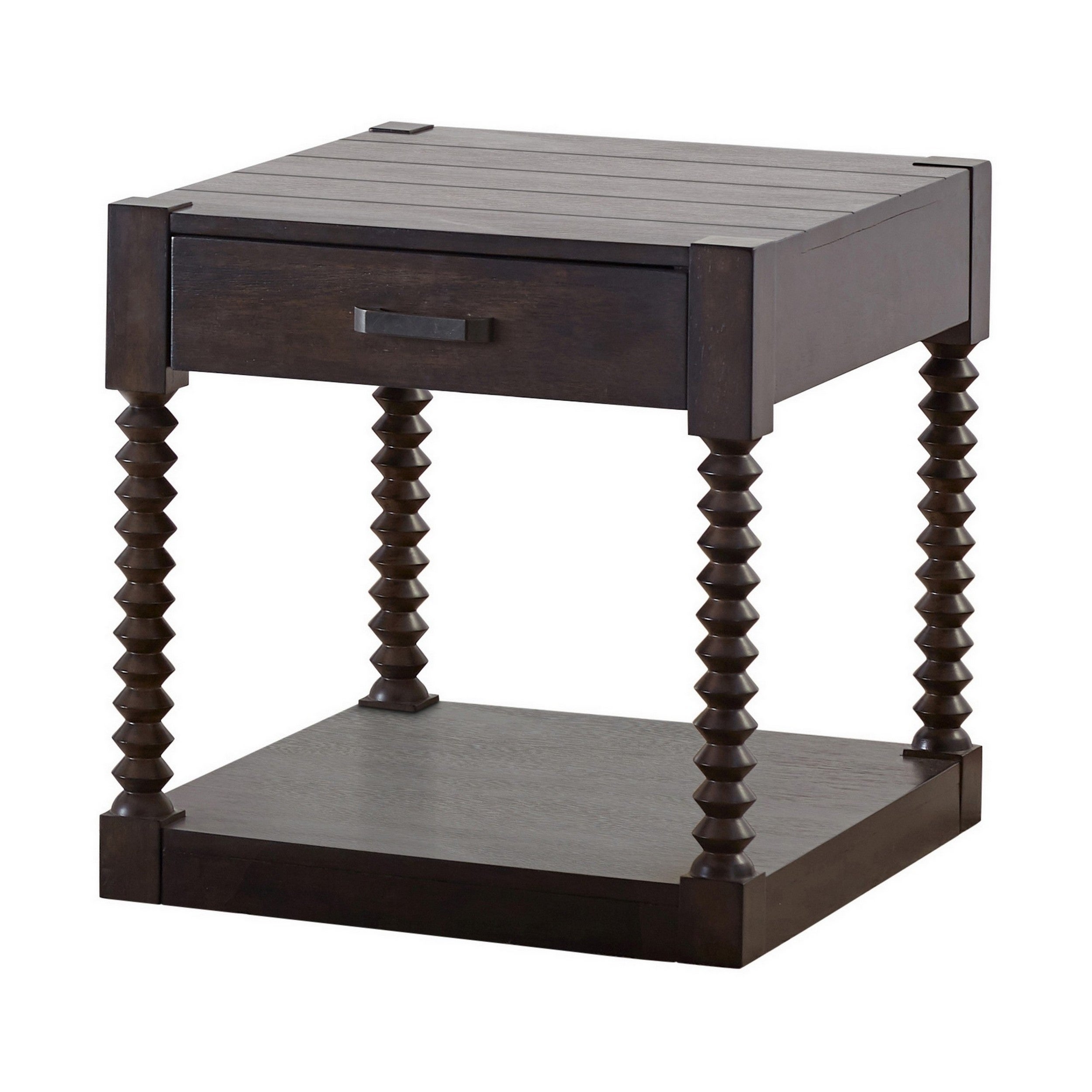 26 Inch Square Side End Table， 1 Drawer， Spindle Posts， Rich Coffee Brown