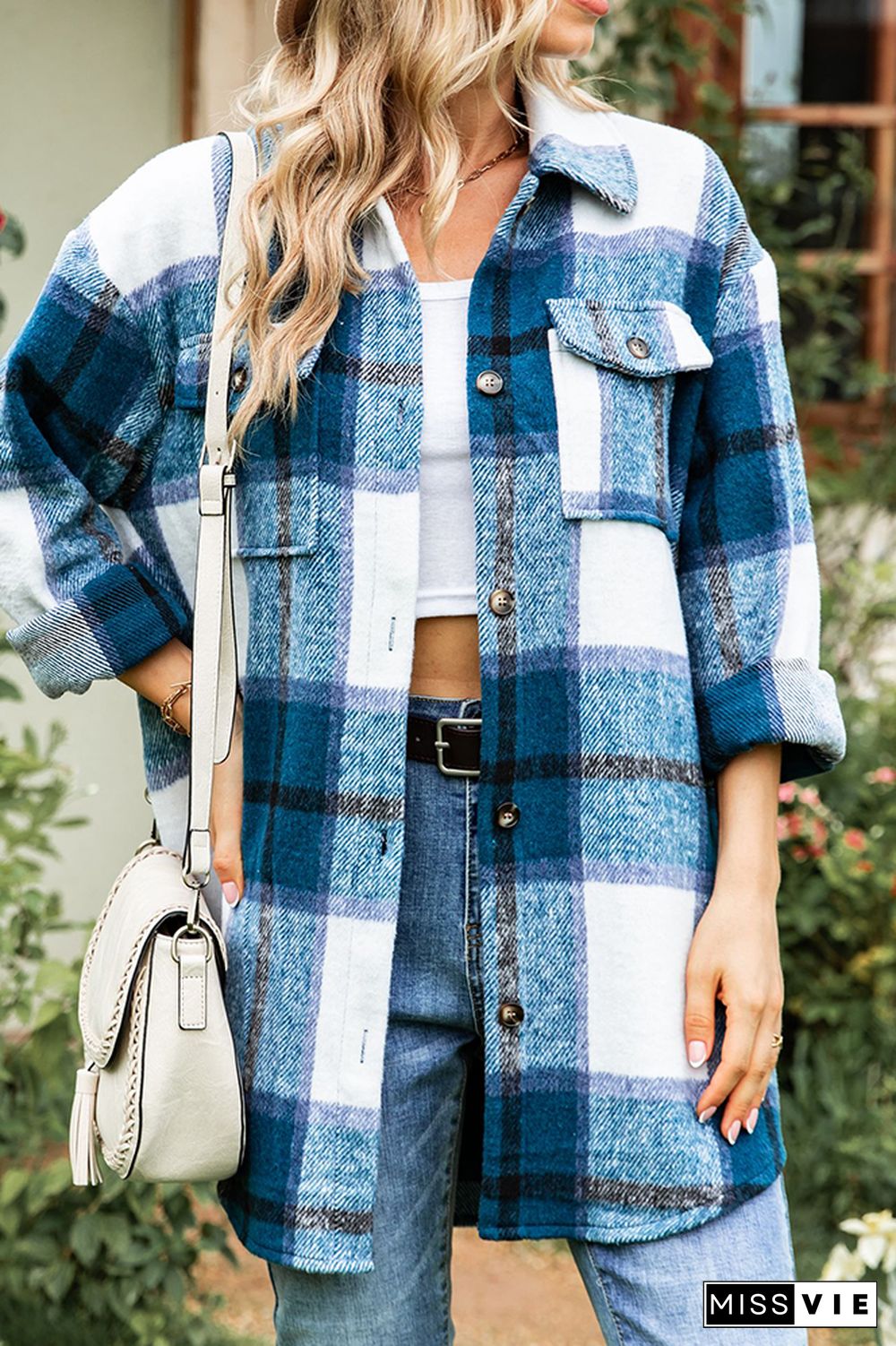 Button Pockets Plaid Shacket Jacket