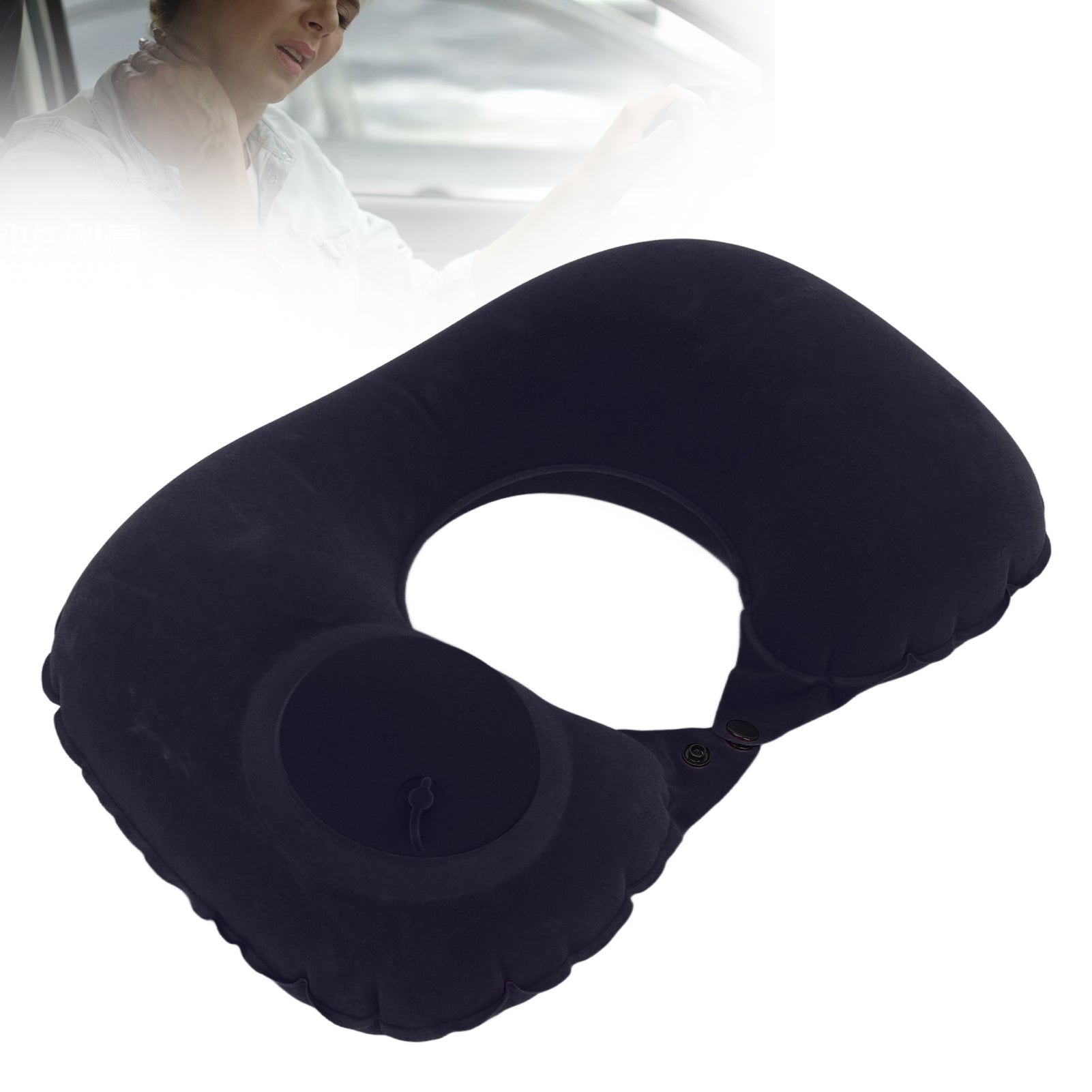 Neck Pillow, U Shaped Pillow Sofft  Buckle Flocking Fabric Ergonomic Cervical Protection Wide Application  For Airplane Dark Blue