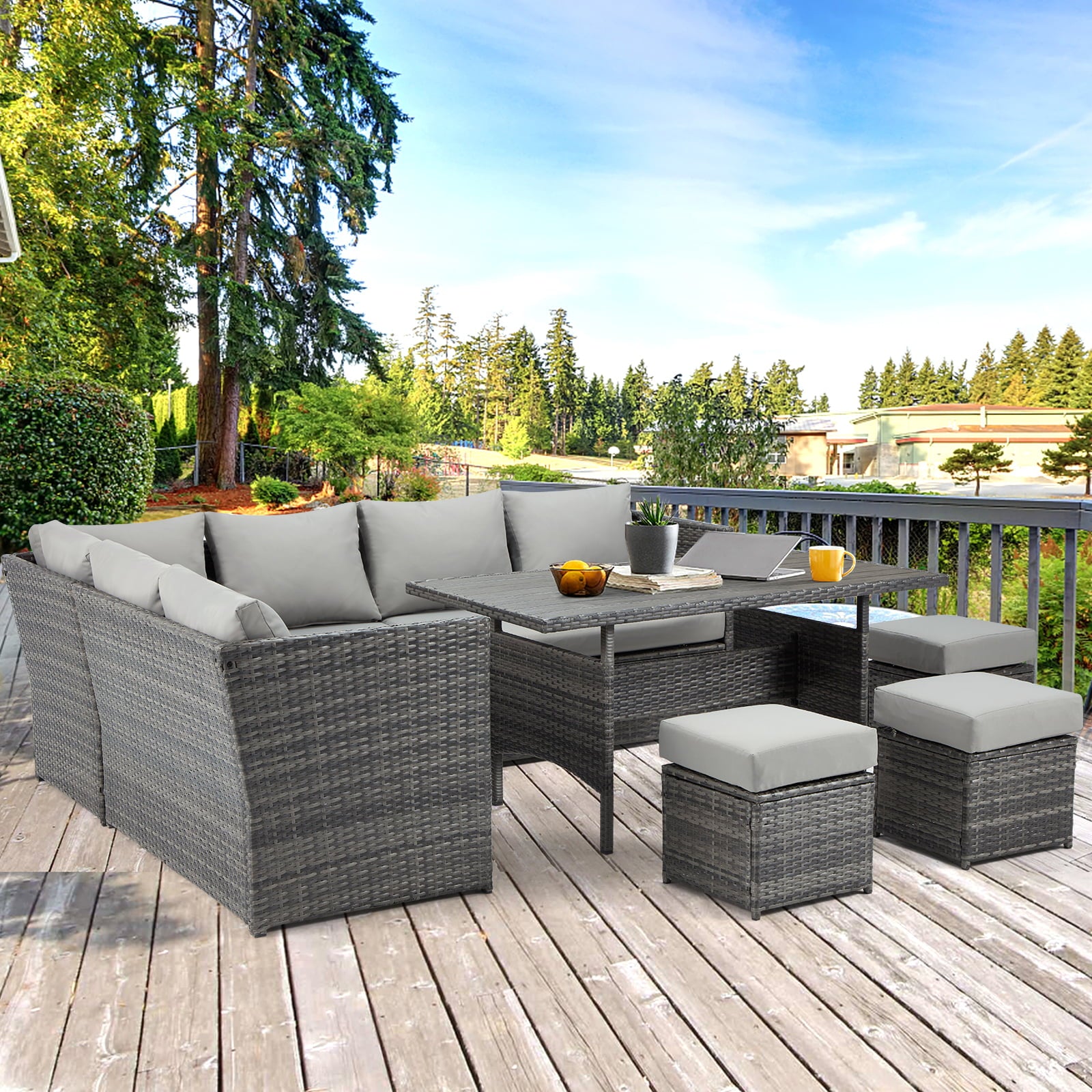 Danrelax 7-Pieces Patio Conversation Set, Outdoor Sectional Sofa, PE Rattan Wicker Furniture, Steel Frame, Gray Furniture, Couch Dining Table, and Chair with Ottoman, Gray