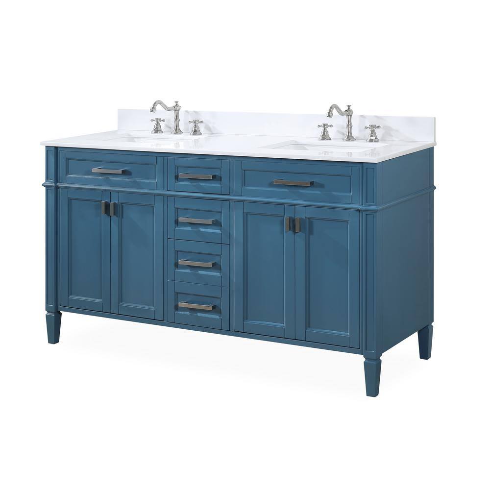 Benton Collection Durand 60 in. W x 22 in D. x 35 in. H Double sink Bath Vanity in Teal blue with ceramic sink and White quartz Top QT-1808D60TB-BS