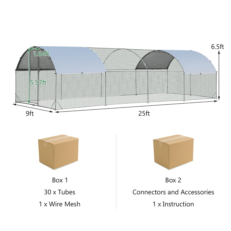 25 FT Large Metal Chicken Coop Run Galvanized Walk-in Dome Poultry Cage Hen Run House Rabbits Habitat Cage with Cover