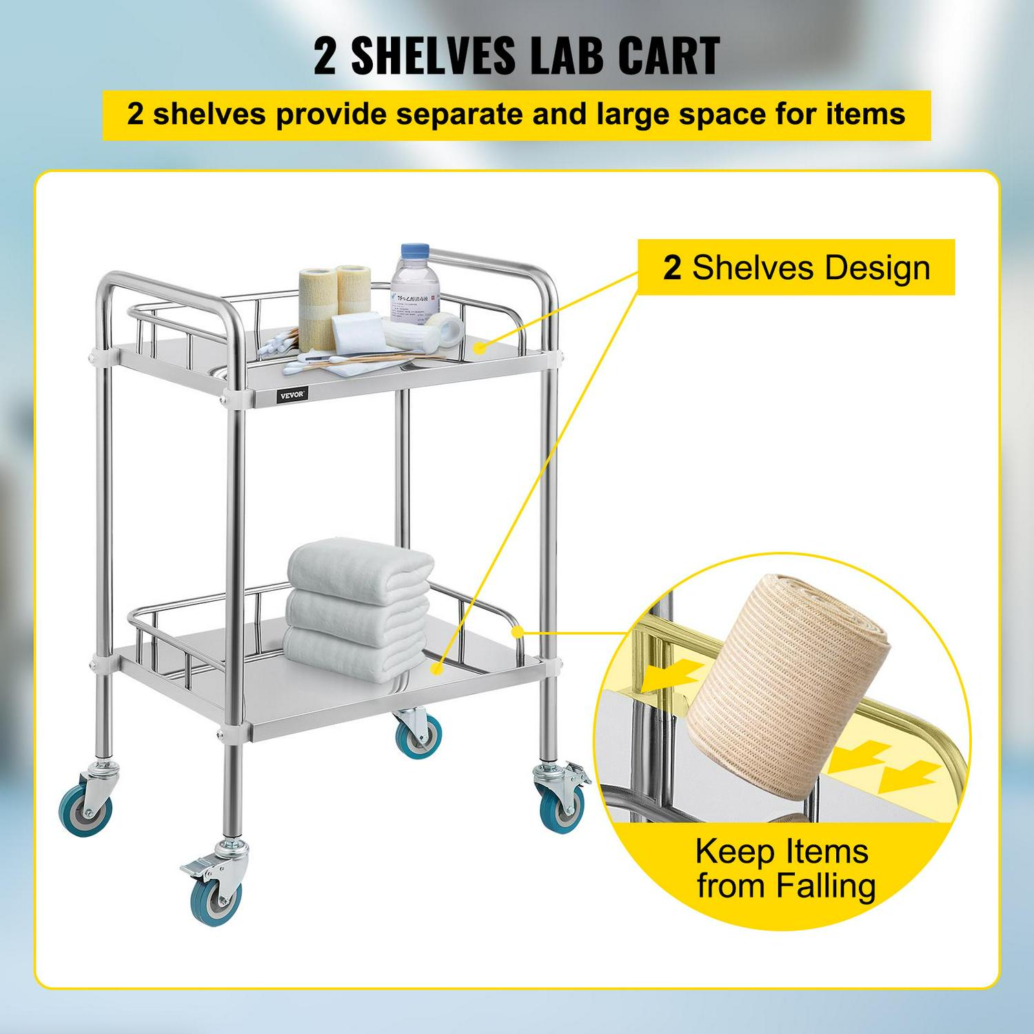 VEVORbrand 2-Shelf Lab Cart with Wheelsi 1/4 Stainless Steel Rolling Carti 1/4 Medical Dental Lab Carti 1/4 2 Lockable Wheels for Fixing