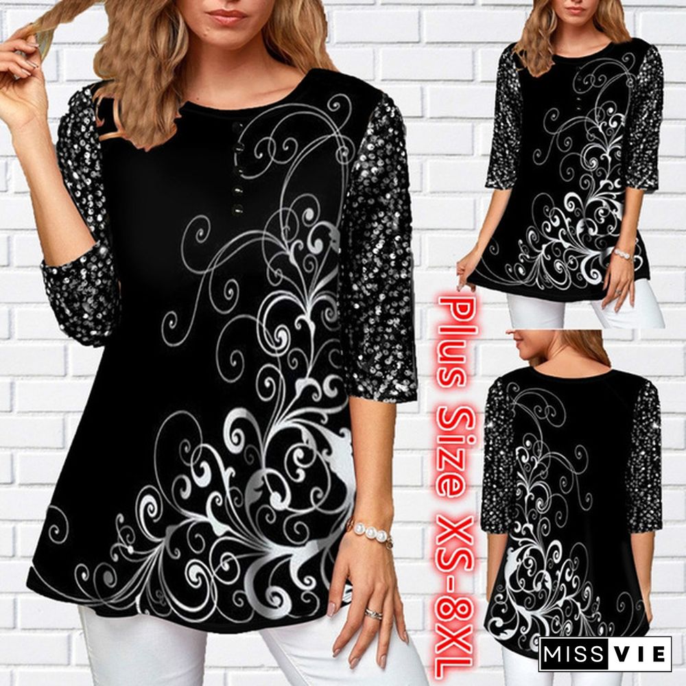 Women Half Sleeved Pullover T-Shirt Solid Color Loose Tops Blouse Printed Sequin Detail Round Neck T Shirt Plus Size XS-8XL