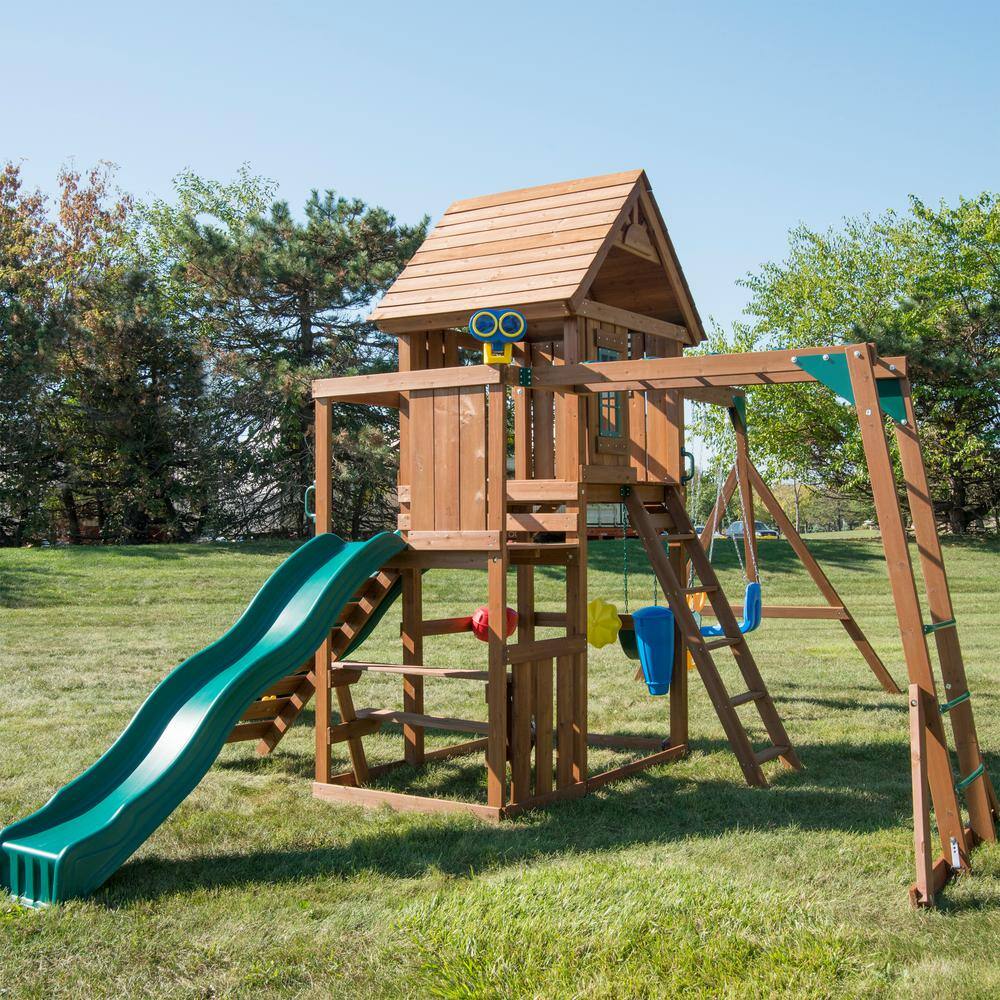 Swing-N-Slide Playsets Super KnightsBridge Complete Wooden Outdoor Playset with Slides Monkey Bars Swings and Swing Set Accessories WS 8354