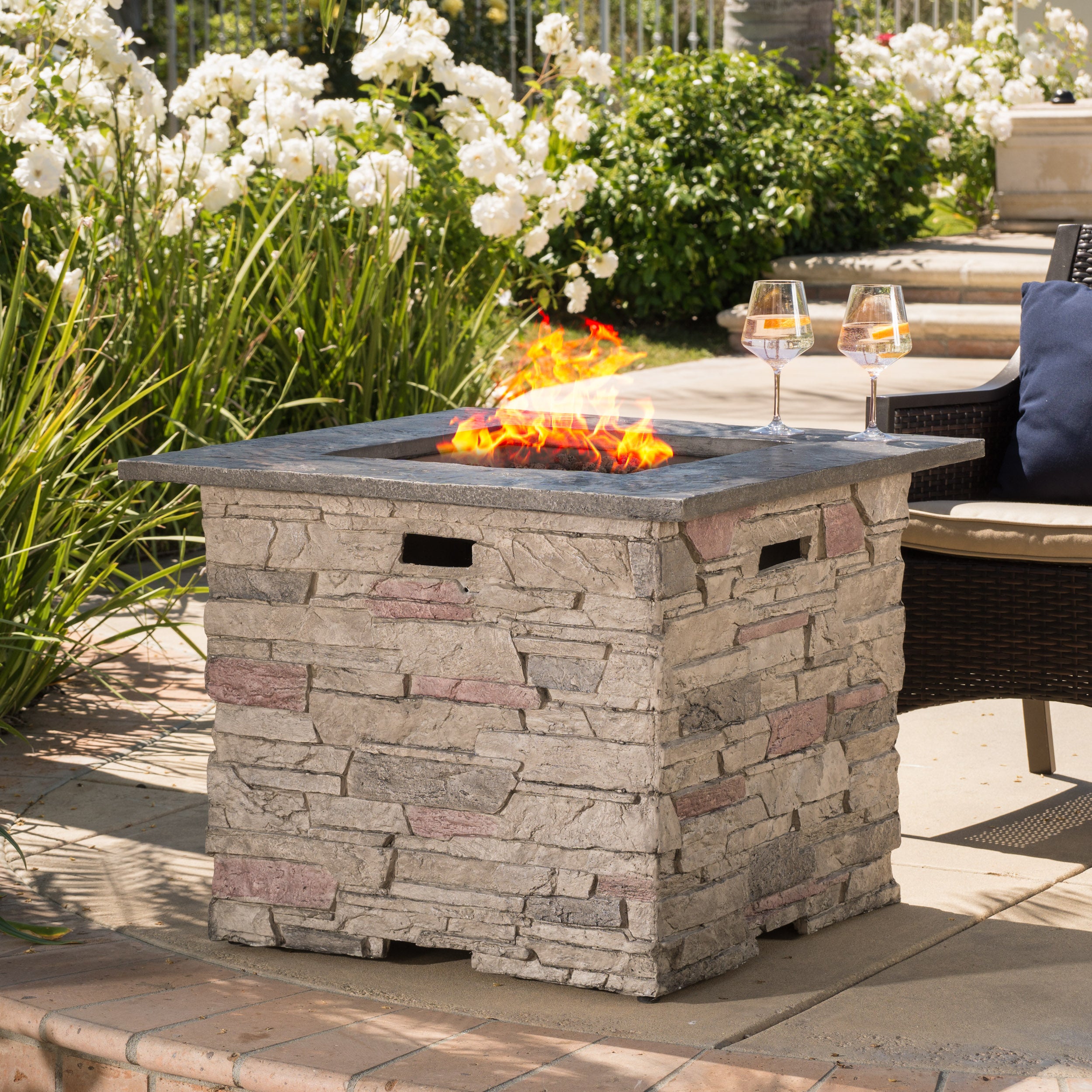 Heritage 32-inch Stone Square MGO Fire Pit - 40,000 BTU