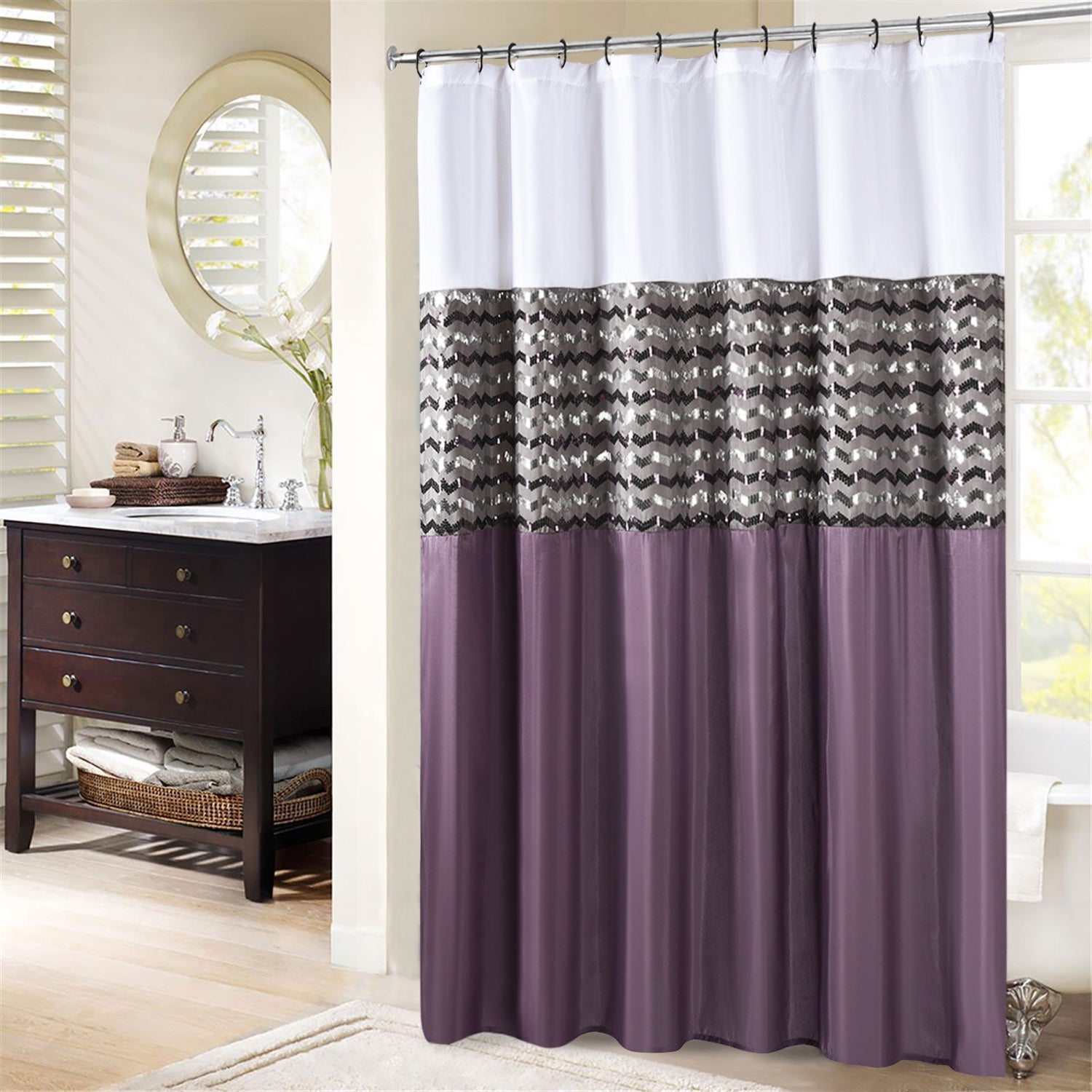 Modern Glitter Shower Curtain - Shimmer Sequin Design for Bathroom, Chic Stunning Bath Curtain with Color Block Design, 72