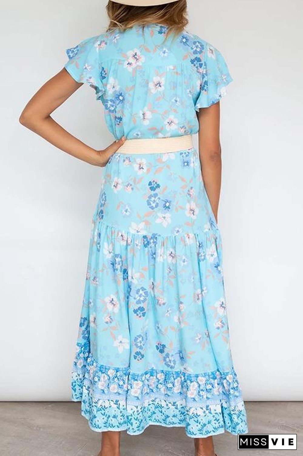 V-Neck Button Blue Floral Dress