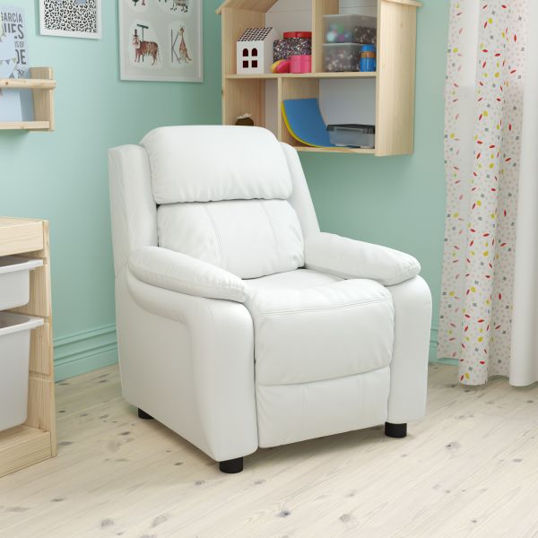 Charlie Deluxe Padded Contemporary White Vinyl Kids Recliner with Storage Arms