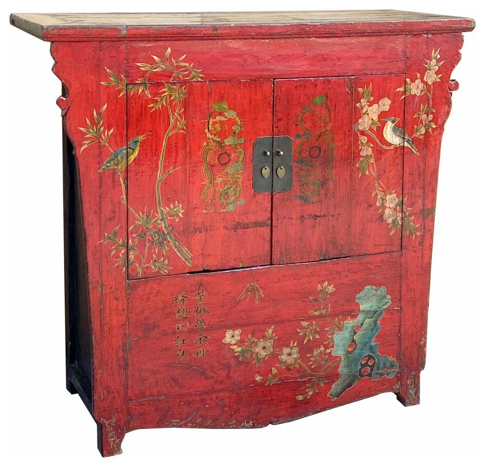 Chinese Vintage Red Golden Flower Birds Scenery Armories Storage Cabinet Hcs6035   Asian   Accent Chests And Cabinets   by Golden Lotus Antiques  Houzz