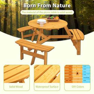 Sudzendf 6-Person Circular Outdoor Wooden Picnic Table for Patio Backyard Garden with Umbrella Hole LN20232767