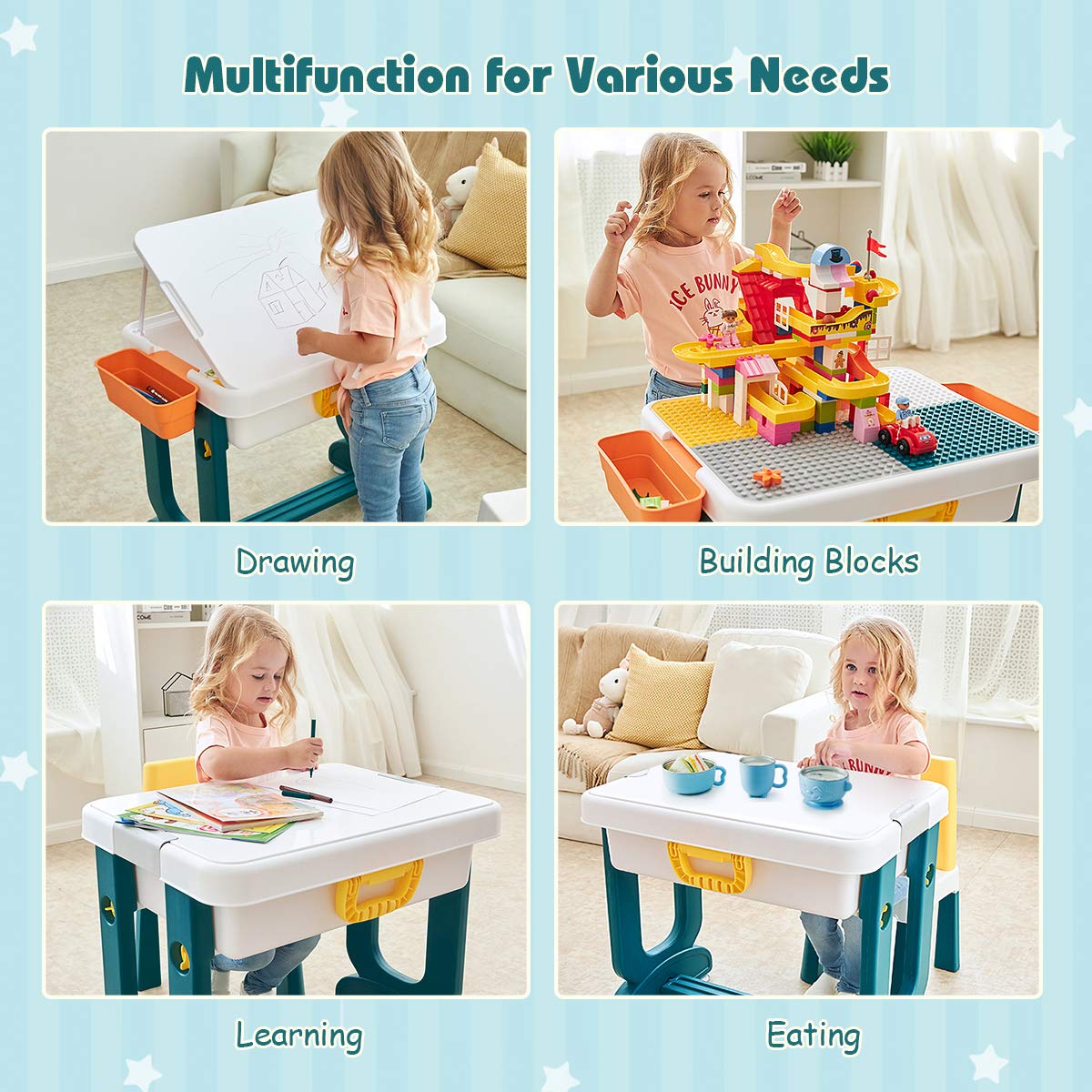 Costzon 5 in 1 Kids Multi Activity Table and Chair Set, Building Block Table w/Double-Sided Board