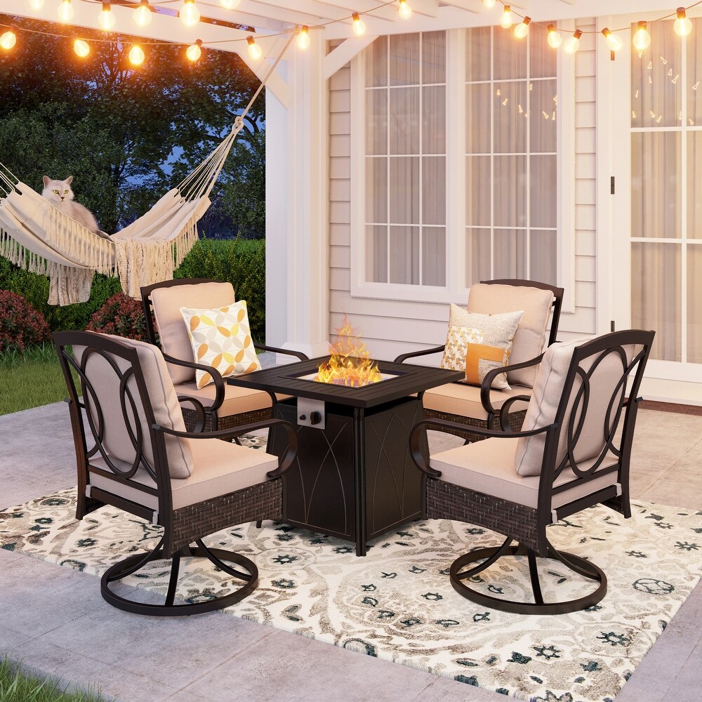 5 Piece Patio Dining Fire Pit Set of 4 Rattan/Metal Deep Seating Swivel Chairs and 28\