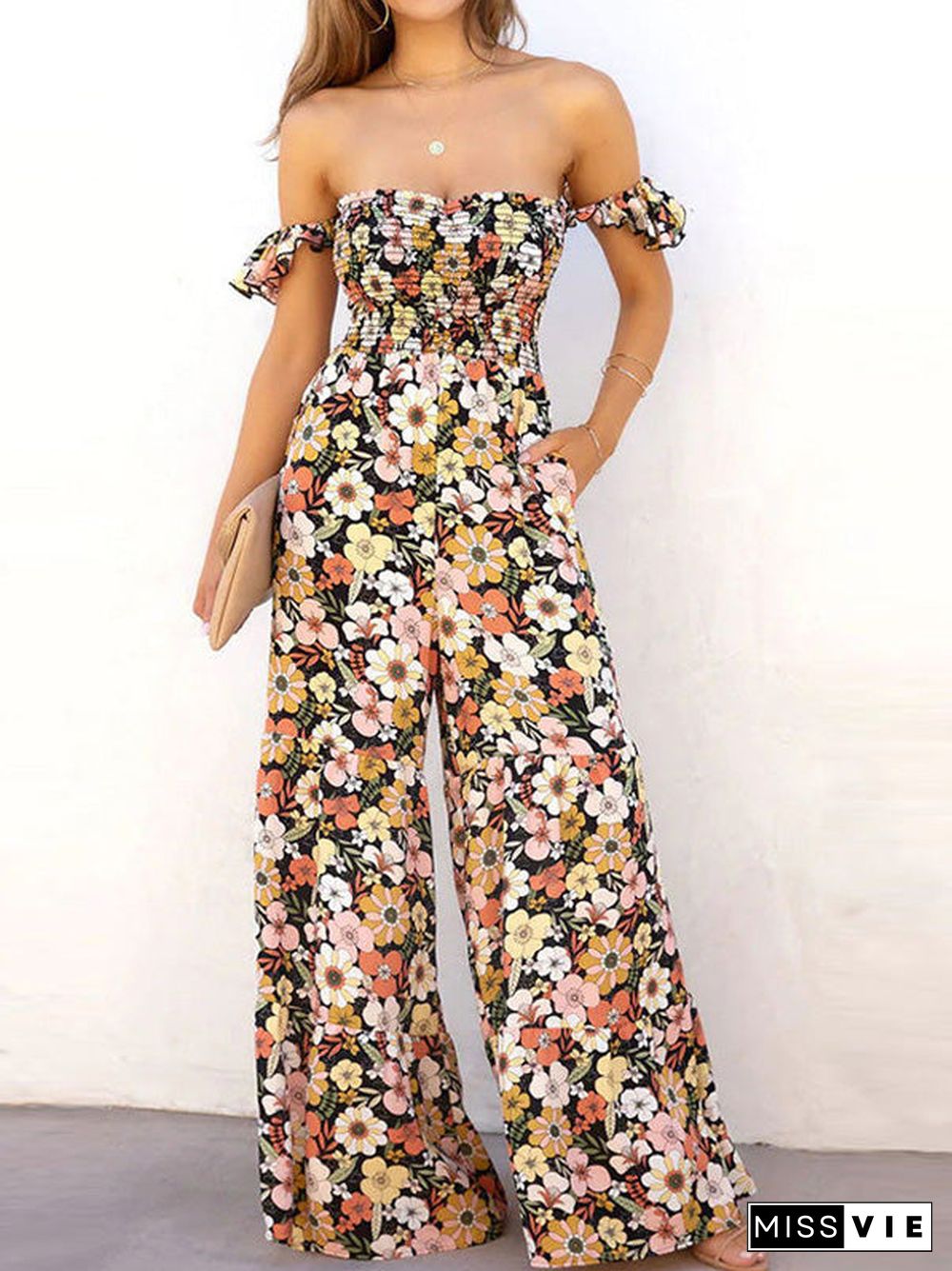 Women'S Jumpsuits Floral Print One-Shoulder Pocket Jumpsuit