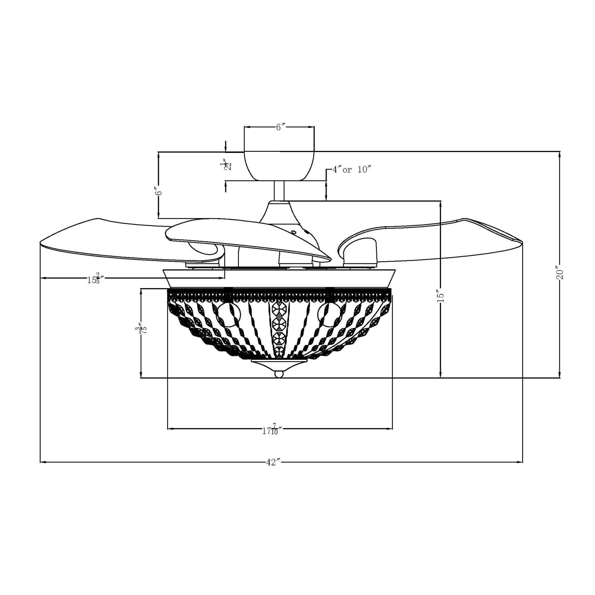 52 Inch Crystal Ceiling Fan with Remote Control Retractable 3-Blades Contemporary Chandelier Fan 6-Light， Chrome