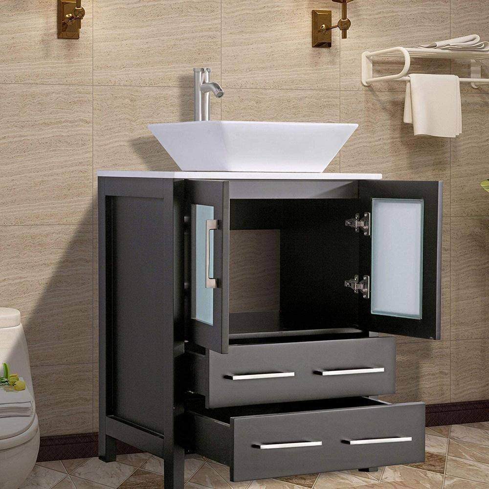 Vanity Art Ravenna 36 in. W Bathroom Vanity in Espresso with Single Basin in White Engineered Marble Top and Mirror VA3124-36E