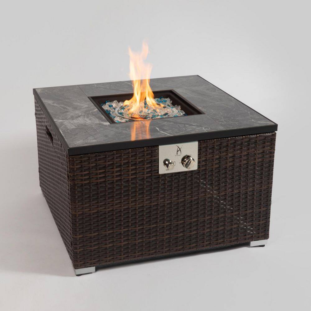 Tunearary 50000BTU Outdoor Rattan 32in Square Fire Pit Table Ceramic Tile Tabletop W853HZP40126