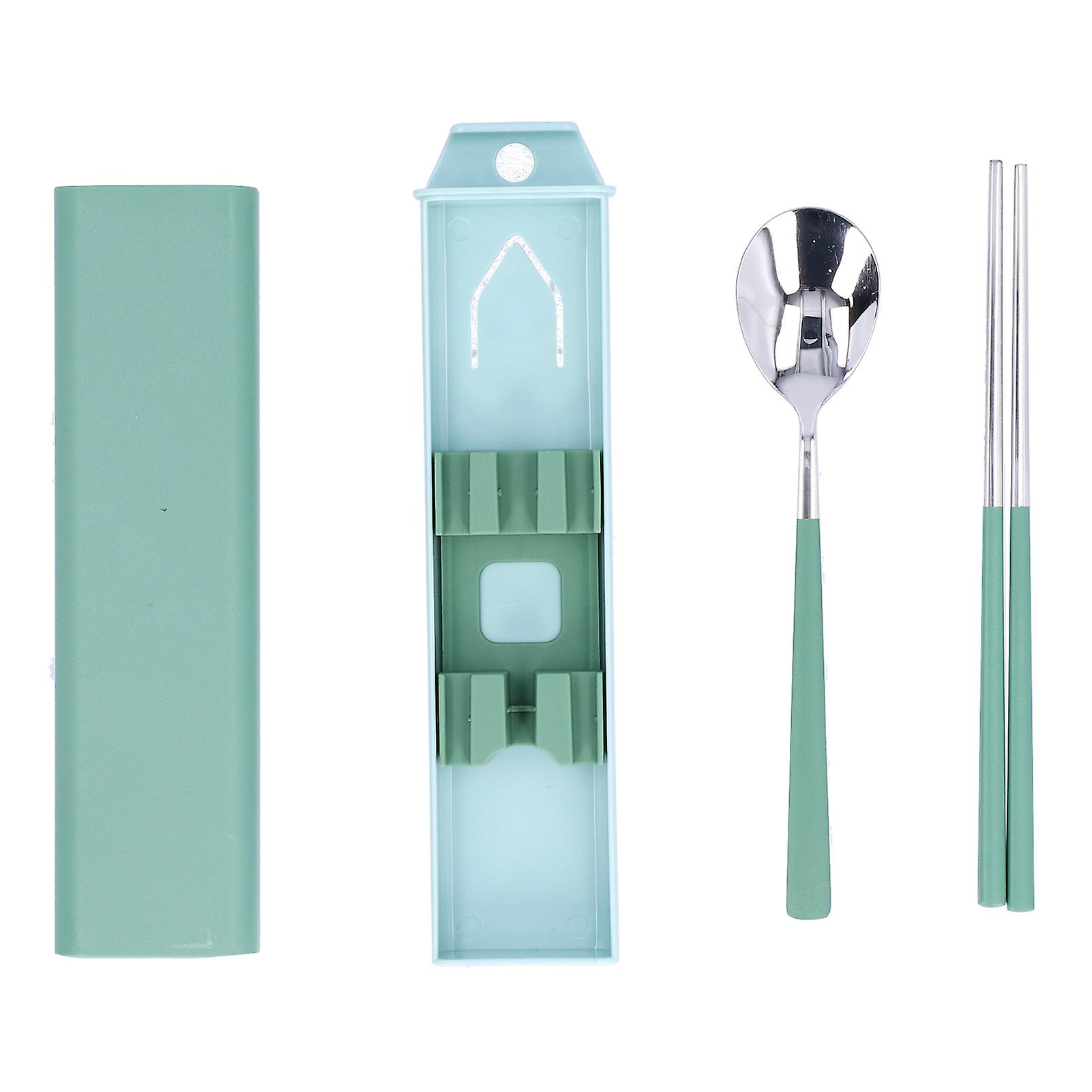 Travel Portable Pull Type Spoon Chopsticks Stainless Steel Cutlery Cutlery Set Travel UtensilsGreen