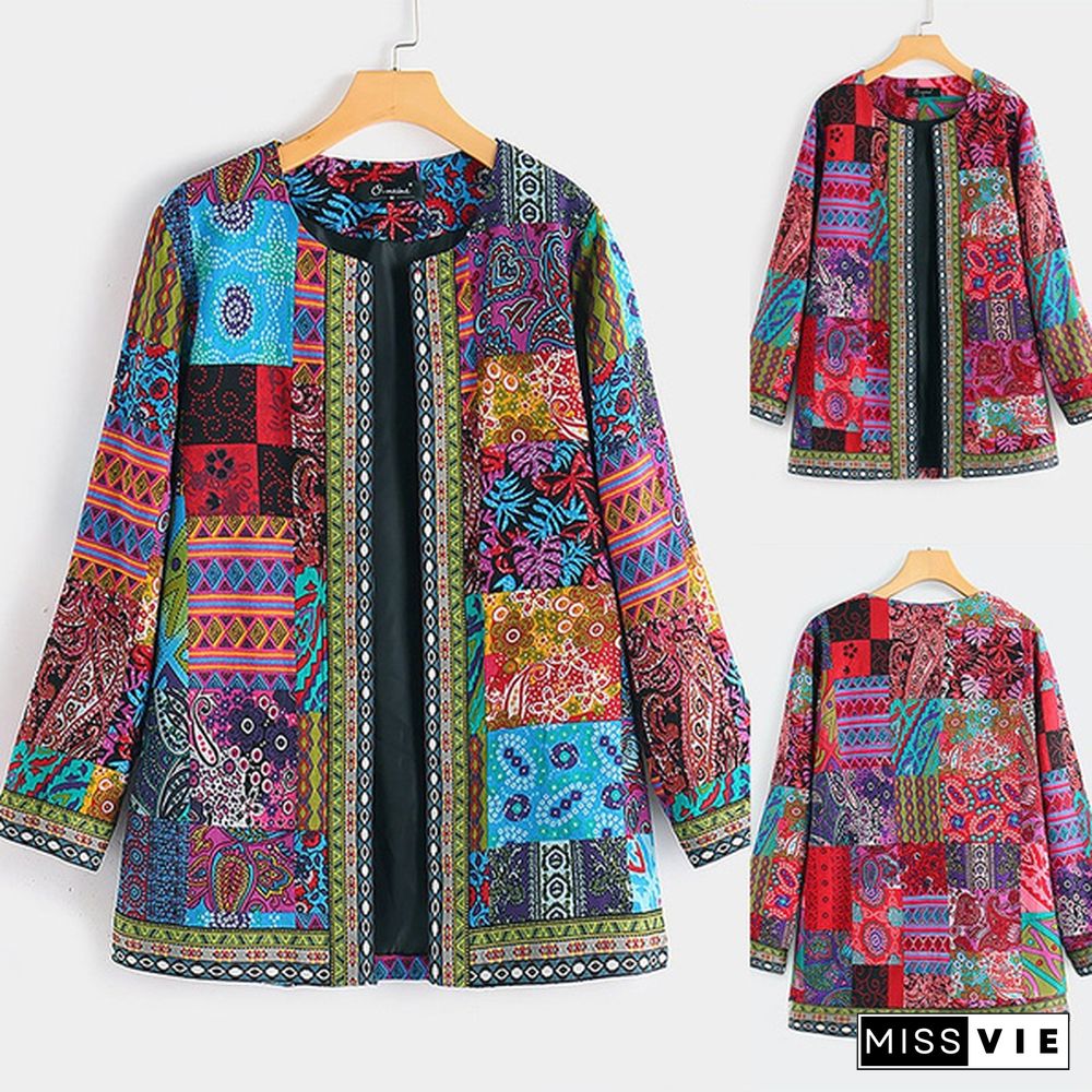 Women  Casual Loose Ethnic Open Front Cardigan Autumn Spring Fashion Floral Print Outwear JacketLong Sleeve Thin Coat Plus Size S-5XL