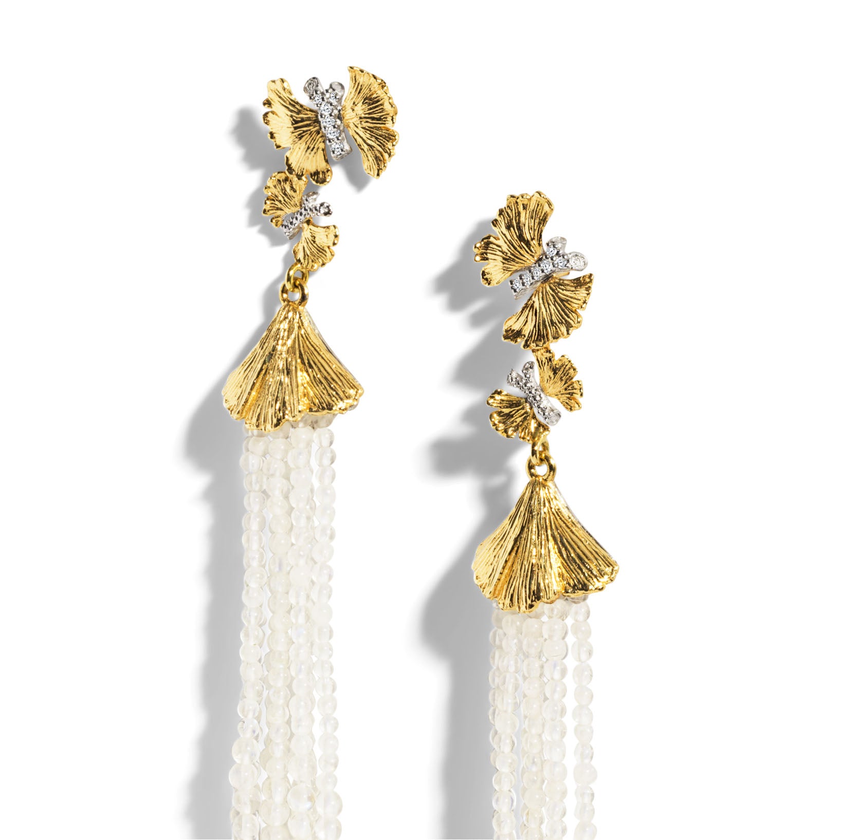 Butterfly Ginkgo Tassel Earrings with Moonstone and Diamonds