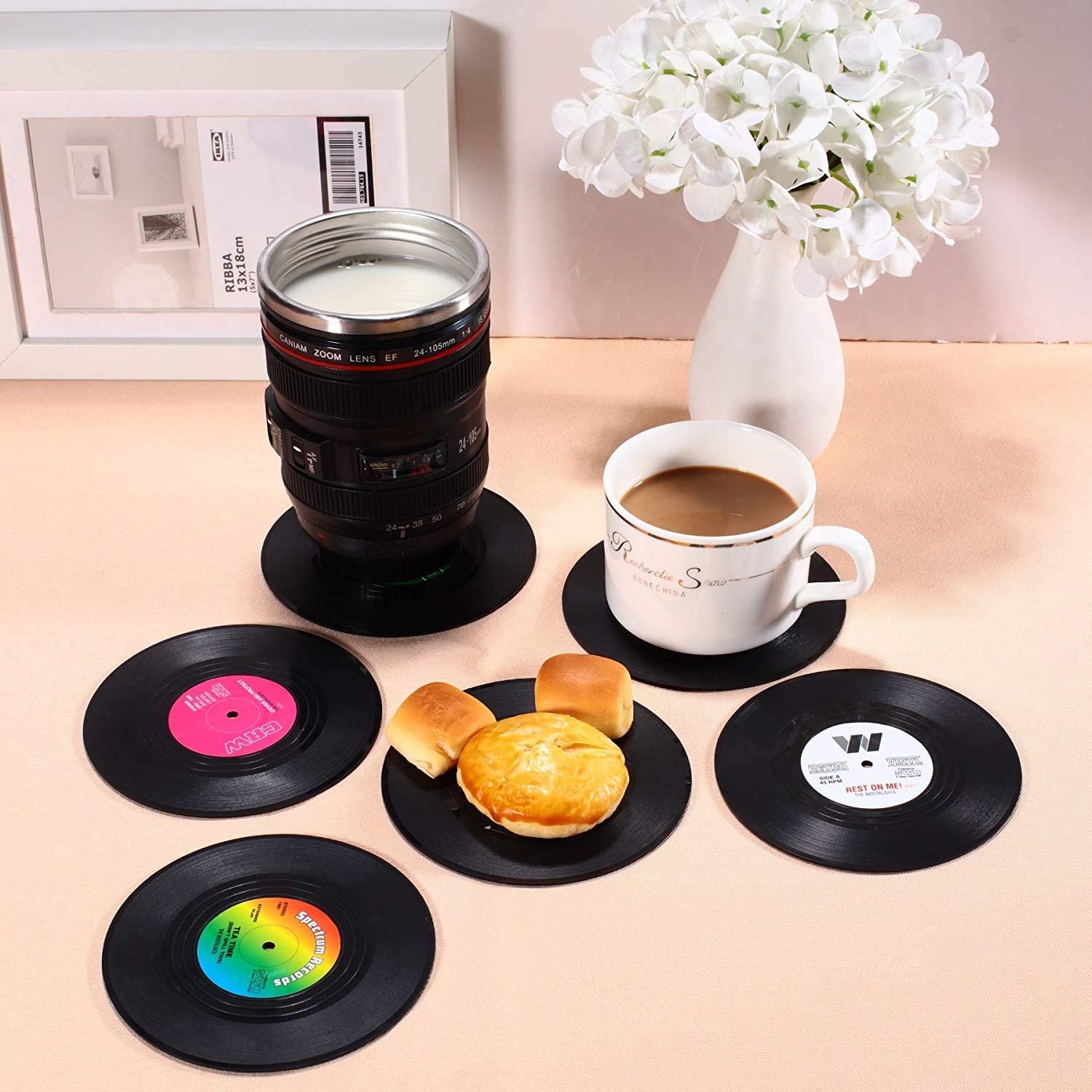 6pcs Record Coasters， EEEkit Round Vinyl Coasters， Drinks Retro Music Coasters， Art Car Bar Tea Coffee Table Mug Beer Bottle Beverages Absorbent Mat for Wine Glass Cup， Black