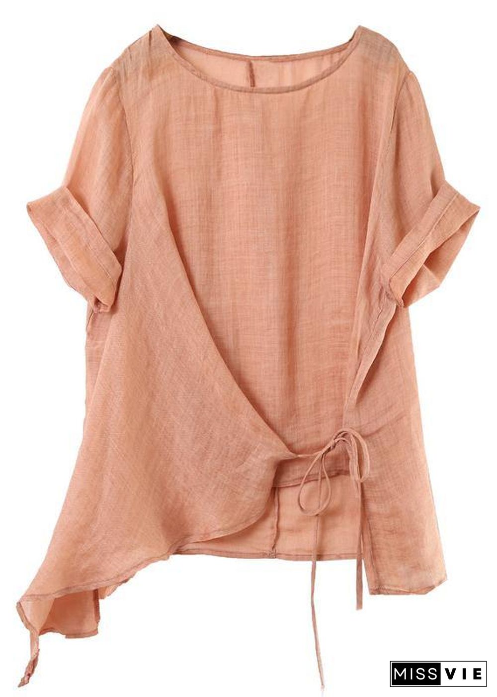 Italian o neck asymmetric cotton linen clothes pink silhouette blouses