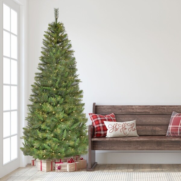 Fraser Hill Farm 7.5Ft. PreLit Half Wall Green Christmas Tree，Warm White LED Lights