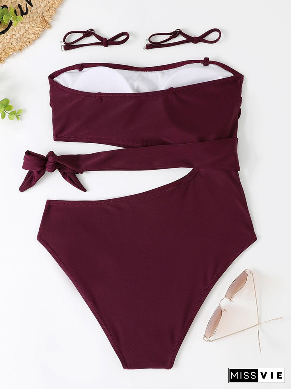 Solid Lace-up One Piece Swimwear